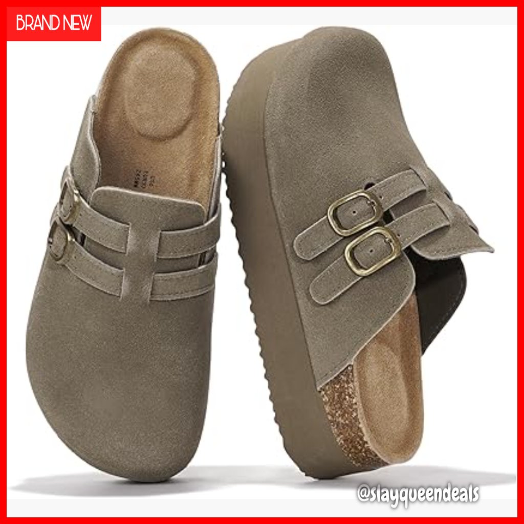 Genuine Leather Platform Clogs With Memory Foam Wedge Heel Slip-On